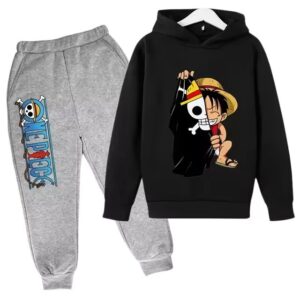 One Piece Luffy Pirate Logo Black Gray Hoodie Set for Boys