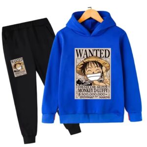 One Piece Luffy Poster Blue Black Hoodie Set for Children