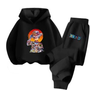 One Piece Luffy Sunset Collage Art Black Kids Hoodie Set