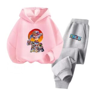 One Piece Luffy Sunset Collage Pink Gray Girls' Hoodie Set