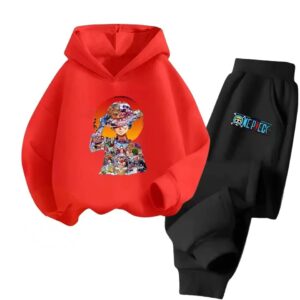 One Piece Luffy Sunset Collage Red Black Hoodie Set for Children