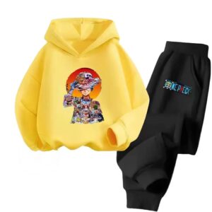 One Piece Luffy Sunset Collage Yellow Black Kids Hoodie Set