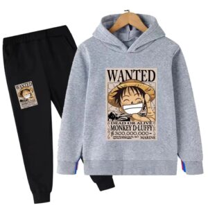 One Piece Luffy Wanted Poster Gray Black Kids Hoodie Set