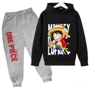 One Piece Monkey D. Luffy Graphic Black Gray Kids Hoodie Set