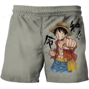 One Piece Monkey D. Luffy Kanji Graphic Gray Kids Shorts