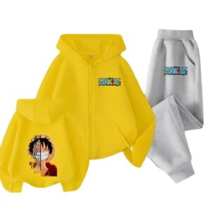 One Piece Pirate Luffy Quote Yellow Gray Children's Hoodie Set