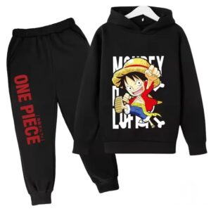 One Piece Playful Luffy Chibi Art Black Hoodie Set for Kids