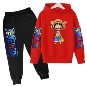 One Piece Playful Luffy Red Black Hoodie Set for Children