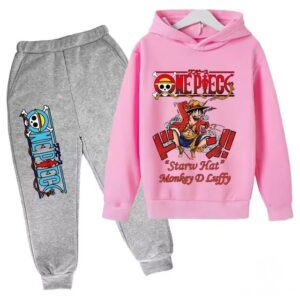 One Piece Straw Hat Luffy Art Pink Gray Hoodie Set for Kids