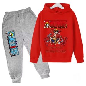 One Piece Straw Hat Luffy Art Red Gray Boys' Hoodie Set