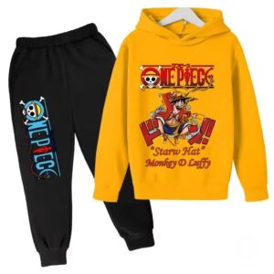 One Piece Straw Hat Luffy Art Yellow Black Hoodie Set for Kids