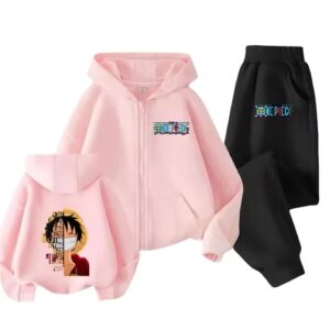 One Piece Straw Hat Luffy Quote Pink Black Hoodie Set for Girls