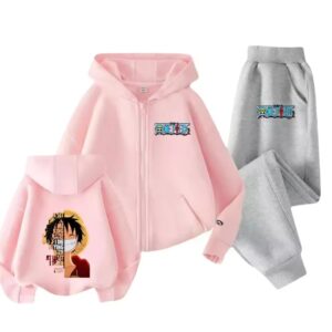 One Piece Straw Hat Luffy Quote Pink Gray Hoodie Set for Girls