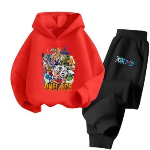 One Piece Straw Hat Pirates Wano Red Black Children's Hoodie Set