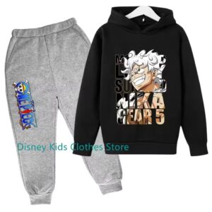 One Piece Sun God Nika Gear 5 Luffy Black Gray Kids Hoodie Set