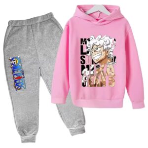 One Piece Sun God Nika Luffy Pink Gray Hoodie Set for Girls