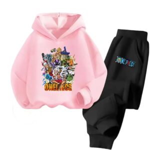 One Piece Wano Arc Straw Hats Pink Black Hoodie Set for Kids