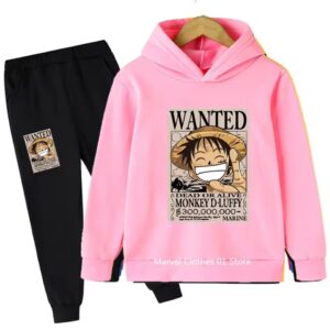 Pink Black Monkey D. Luffy Bounty Wanted Poster Boys' Hoodie Set