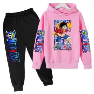 Pink Black Pirate Luffy Attack Icon Hoodie Set for Children