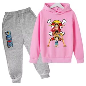 Pink Gray Luffy Pirate Evolution Art Hoodie Set for Children