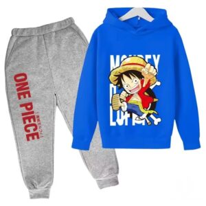 Playful Chibi Luffy One Piece Blue Gray Hoodie Set for Kids