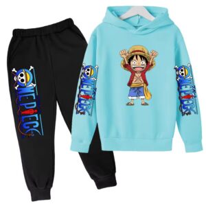 Playful Luffy One Piece Sky Blue Black Hoodie Set for Boys