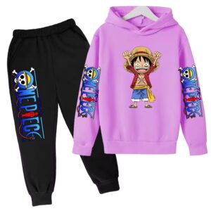 Purple Black One Piece Joyful Pirate Luffy Kids Hoodie Set