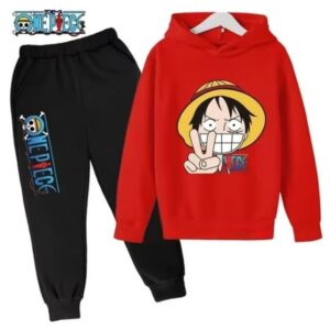 Red Black Funny Luffy Peace One Piece Hoodie Set for Children