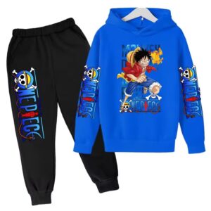 Serious Fire Punch Luffy Art Blue Black Hoodie Set for Kids