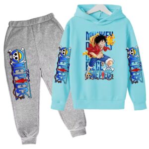 Sky Blue Gray One Piece Luffy Fire Fist Children's Hoodie Set