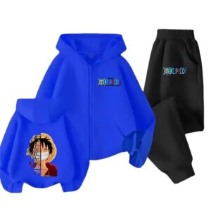 Smiling Monkey D. Luffy Face Quote Blue Black Boys' Hoodie Set,