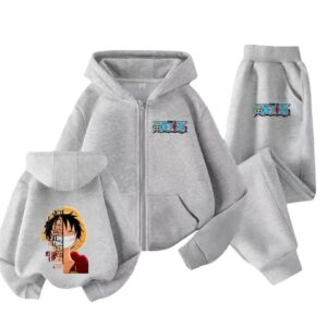 Smiling Monkey D. Luffy Face Quote Gray Hoodie Set for Children