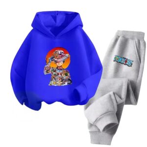 Straw Hat Luffy Abstract Icon Blue Gray Hoodie Set for Boys