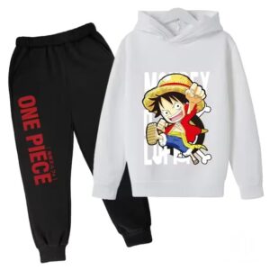 Straw Hat Luffy Chibi Artwork White Hoodie Set for Children