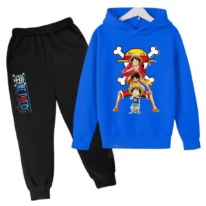 Straw Hat Luffy Evolution Blue Black Hoodie Set for Children