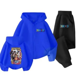 Straw Hat Luffy Graphic Blue Black Hoodie Set for Children