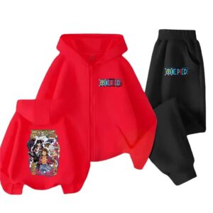 Straw Hat Luffy Graphic Red Black One Piece Kids Hoodie Set