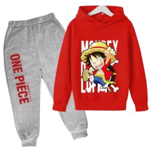 Straw Hat Luffy One Piece Red Gray Children's Hoodie Set