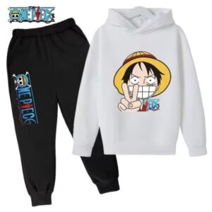 Straw Hat Luffy Peace Sign White Black Boys' Hoodie Set