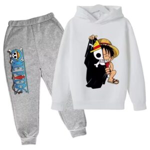 Straw Hat Luffy Pirate Logo White Gray Hoodie Set for Kids