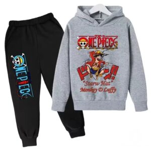 Straw Hat Monkey D. Luffy Art Gray Black Hoodie Set for Boys