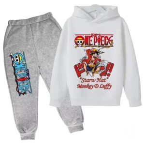 Straw Hat Monkey D. Luffy Art White Gray Hoodie Set for Boys