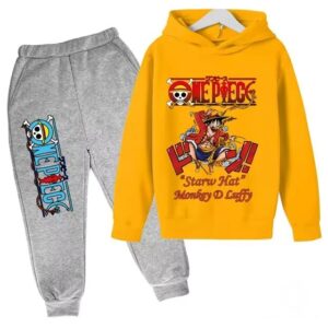 Straw Hat Monkey D. Luffy Art Yellow Gray Children's Hoodie Set