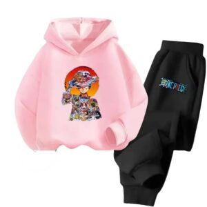 Straw Hat Pirate Luffy Abstract Pink Black Children's Hoodie Set