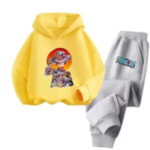 Straw Hat Pirate Luffy Abstract Yellow Gray Hoodie Set for Kids