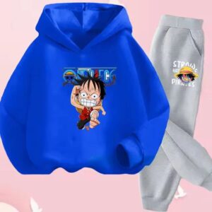 Straw Hat Pirates Luffy Running Blue Gray Hoodie Set for Children