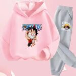Straw Hat Pirates Luffy Running Pink Gray Hoodie Set for Boys