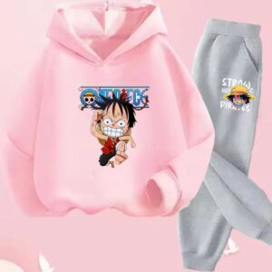 Straw Hat Pirates Luffy Running Pink Gray Hoodie Set for Boys