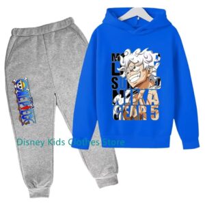 Sun God Nika Gear 5 Luffy Form Blue Gray Hoodie Set for Kids