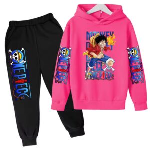 Vivid Pink Black Luffy Flame Fist Art Hoodie Set for Kids,